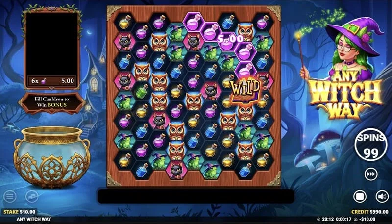 Any Witch Way - tela do jogo com caldeirão e grade 9x8